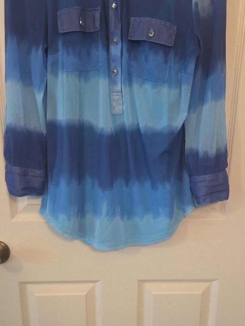 INC International Concepts Blue Ombre Button-Front Roll-Sleeve Blouse Size Large